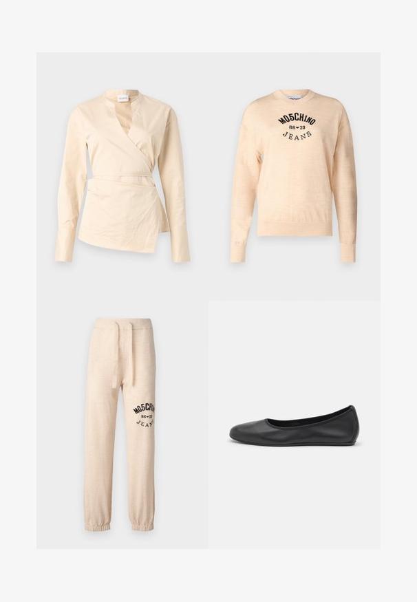 Suéter de color beige claro, confeccionado en un suave tejido de punto, con un escote redondo, mangas largas y un logo bordado en negro con el texto "Moschino Jeans".; Camisa envolvente beige hecha de algodón, con mangas largas, un escote en V profundo y un detalle de lazo lateral para dar forma y estructura.; Pantalones de chándal beige con puños y cintura elástica. Presenta un logotipo impreso en negro "MOSCHINO 86 ❤ 23 JEANS" en el muslo izquierdo. Textura suave.; Bailarina de piel negra con punta redondeada, textura suave, detalle de costura minimalista y diseño de suela flexible.