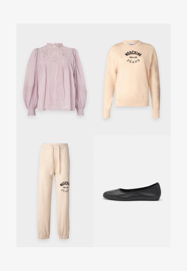 Light beige sweater made of a soft knit, featuring a round neckline, long sleeves, and a black embroidered logo with the text "Moschino Jeans."; Vanessa Bruno CALIN - Blouse - parme; Beige sweatpants with elastic cuffs and waistband. Features a black printed logo "MOSCHINO 86 ❤ 23 JEANS" on the left thigh. Soft texture.; Black leather ballet flat with a rounded toe, smooth texture, minimal stitching detail, and a flexible sole design.