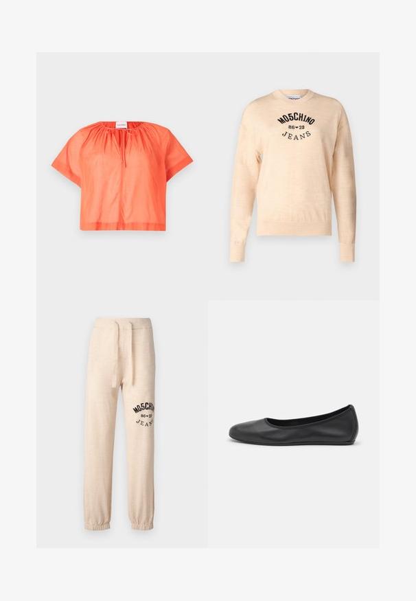 Pull léger beige en tricot doux, avec un col rond, des manches longues et un logo noir brodé avec le texte "Moschino Jeans."; Top court à manches courtes de couleur orange vif, en tissu léger. Il présente un col rond avec un détail froncé et une fermeture à nouer à l'avant.; Pantalon de jogging beige en tissu doux avec taille élastique, cordon de serrage et ourlets resserrés ; comporte un logo noir imprimé sur une jambe.; Ballerines en cuir noir avec un bout rond, texture lisse, détails de couture minimalistes et design de semelle flexible.