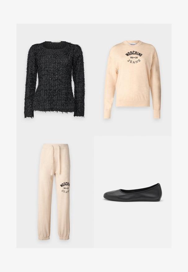 Light beige sweater made of a soft knit, featuring a round neckline, long sleeves, and a black embroidered logo with the text "Moschino Jeans."; Black textured long-sleeve sweater featuring a unique layered design with frayed yarn accents and a round neckline.; Beige sweatpants with elastic cuffs and waistband. Features a black printed logo "MOSCHINO 86 ❤ 23 JEANS" on the left thigh. Soft texture.; Black leather ballet flat with a rounded toe, smooth texture, minimal stitching detail, and a flexible sole design.