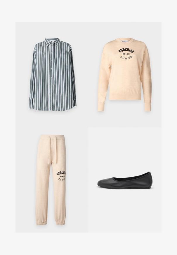 Svetlo bež pulover iz mehkega pletenega materiala, z okroglo izrezom, dolgimi rokavi in črnim vezenim logom z besedilom "Moschino Jeans."; Prugasta srajca z gumbi v zeleni, beli in sivi barvi. Ima dolge rokave, klasičen ovratnik in ohlapen kroj. Narejena je iz lahkotnega materiala.; Bež trenirka z elastičnimi manšetami in pasom. Na levem stegnu se nahaja črn potiskan logotip "MOSCHINO 86 ❤ 23 JEANS". Mehka tekstura.; Črne usnjene balerinke z zaobljenim nosom, gladko teksturo, minimalnimi šivi in fleksibilno zasnovo podplata.