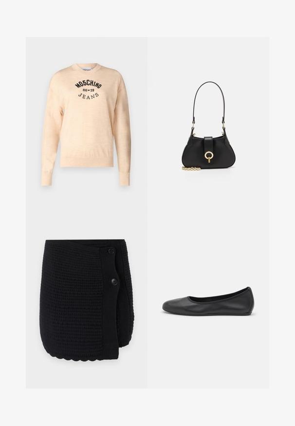 Lys beige sweater lavet af en blød strik, med rund halsudskæring, lange ærmer, og et sort broderet logo med teksten "Moschino Jeans."; Sort strikket omslag med et struktureret mønster, bølget kant og to store knapper til lukning. Blødt materiale med et hyggeligt design.; Sort læderballetsko med rund tå, glat tekstur, minimal syning og et fleksibelt såldesign.; sandro JANET - Håndtasker - noir