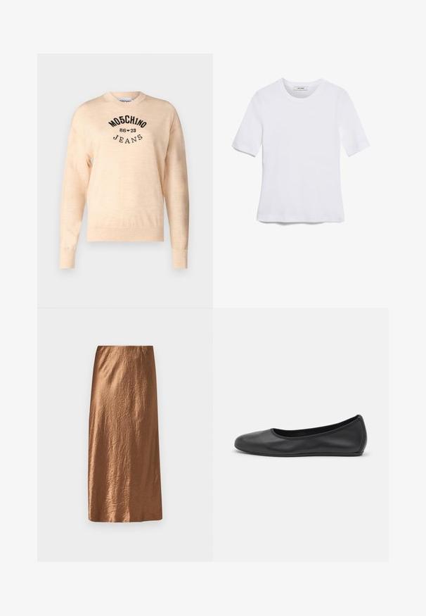 Lichtbeige trui van een zachte breisel, met een ronde hals, lange mouwen en een zwart geborduurd logo met de tekst "Moschino Jeans."; Witte korte mouwen t-shirt van ribstof. Ronde halslijn, normale pasvorm en subtiele stiksels. Geen patronen of grafische elementen.; Bruine midi-rok gemaakt van gestructureerde, glanzende stof met een soepel tailleband. Heeft een rechte snit met een subtiele kreukafwerking.; Zwarte leren ballerina met een ronde neus, gladde textuur, minimale stikdetails en een flexibele zoolontwerp.