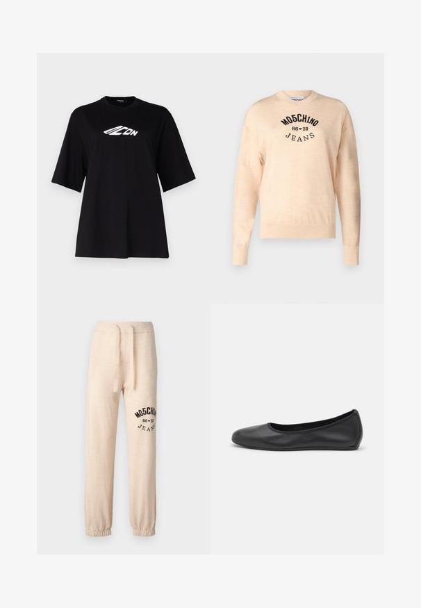 Light beige sweater made of a soft knit, featuring a round neckline, long sleeves, and a black embroidered logo with the text "Moschino Jeans."; Black cotton t-shirt with a loose fit, short sleeves, crew neck, featuring a white graphic logo on the front. Smooth texture, minimal design.; Beige relaxed-fit sweatpants made of soft fabric, featuring an elastic waistband with a drawstring and black logo/design on the left leg.; Black leather ballet flat with a rounded toe, smooth texture, minimal stitching detail, and a flexible sole design.