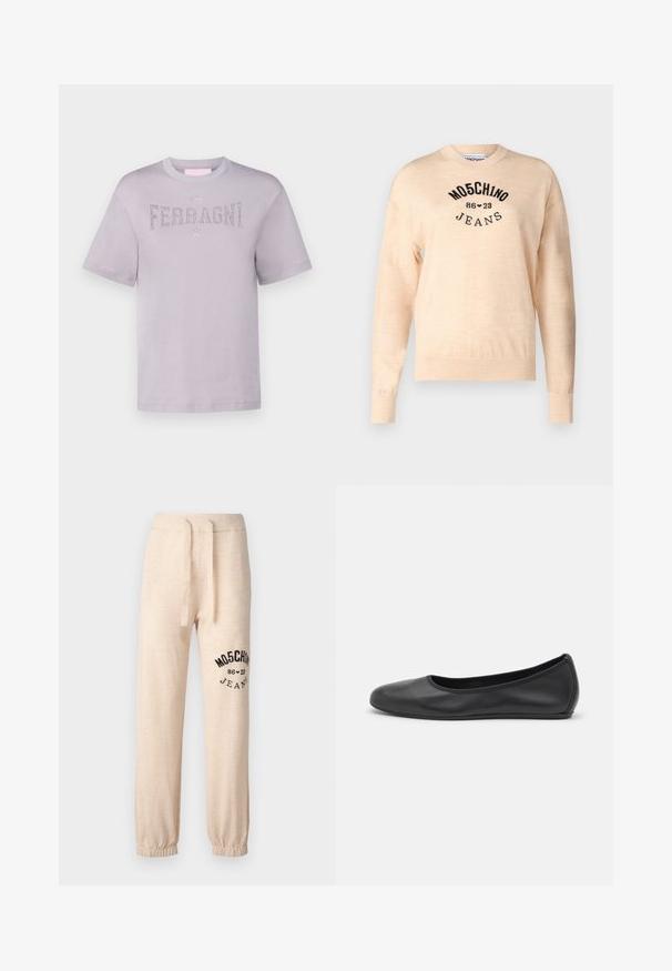 Suéter de color beige claro, confeccionado en un suave tejido de punto, con un escote redondo, mangas largas y un logo bordado en negro con el texto "Moschino Jeans".; Camiseta de algodón de color púrpura claro con mangas cortas, que presenta "FERRAGNI" adornado con rhinestones en el pecho y un diseño de cuello redondo.; Pantalones de chándal beige con puños y cintura elástica. Presenta un logotipo impreso en negro "MOSCHINO 86 ❤ 23 JEANS" en el muslo izquierdo. Textura suave.; Bailarina de piel negra con punta redondeada, textura suave, detalle de costura minimalista y diseño de suela flexible.