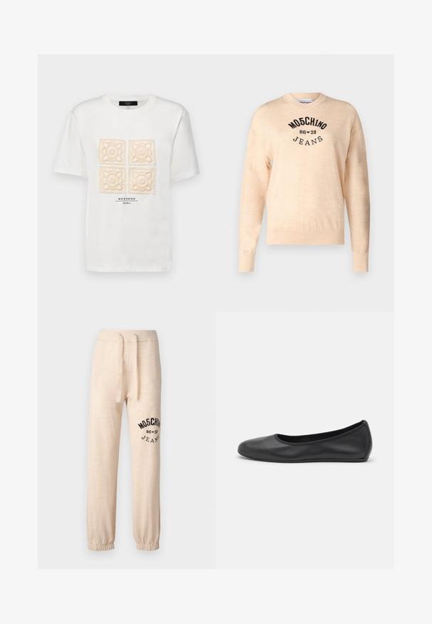 Lys beige sweater lavet af en blød strik, med rund halsudskæring, lange ærmer, og et sort broderet logo med teksten "Moschino Jeans."; Weekend Max Mara BARBANO - T-shirts print - bianco; Beige sweatpants med elastiske manchetter og talje. Har et sort trykt logo "MOSCHINO 86 ❤ 23 JEANS" på venstre lår. Blød tekstur.; Sort læderballetsko med rund tå, glat tekstur, minimal syning og et fleksibelt såldesign.