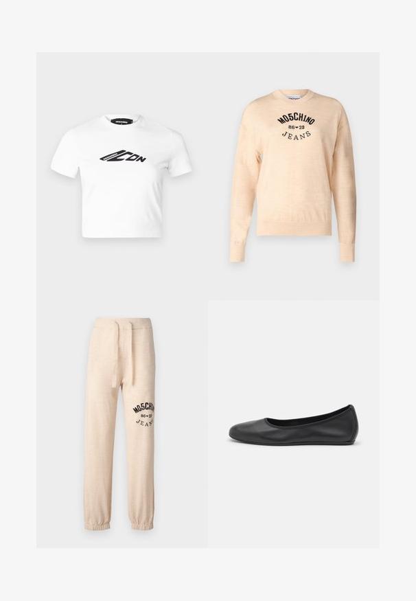 Suéter de color beige claro, confeccionado en un suave tejido de punto, con un escote redondo, mangas largas y un logo bordado en negro con el texto "Moschino Jeans".; Camiseta corta blanca hecha de algodón, con un logotipo gráfico negro en la parte frontal. Cuello redondo y mangas cortas. Textura suave.; Pantalones de chándal beige con puños y cintura elástica. Presenta un logotipo impreso en negro "MOSCHINO 86 ❤ 23 JEANS" en el muslo izquierdo. Textura suave.; Bailarina de piel negra con punta redondeada, textura suave, detalle de costura minimalista y diseño de suela flexible.