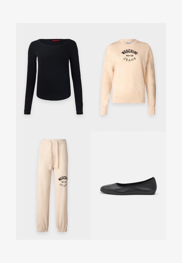 Helles beiges Sweatshirt aus weichem Strick, mit rundem Halsauschnitt, langen Ärmeln und einem schwarzen gestickten Logo mit dem Text "Moschino Jeans."; Schwarzes Langarm-T-Shirt mit Rundhalsausschnitt, weicher Textur und taillierter Form. Merkmale ein schlichtes Design ohne Muster oder Akzente.; Beige Jogginghose mit elastischen Bündchen und Bund. Auf dem linken Oberschenkel befindet sich ein schwarzes Drucklogo "MOSCHINO 86 ❤ 23 JEANS". Weicher Stoff.; Schwarze Leder-Ballettschuhe mit abgerundeter Spitze, glatter Textur, minimalen Nähdetails und einem flexiblen Sohlen-Design.
