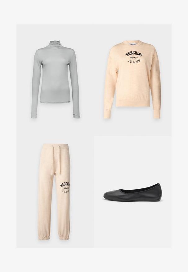 Jasno beżowy sweter z miękkiego dzianiny, z okrągłym dekoltem, długimi rękawami i czarnym haftowanym logo z napisem "Moschino Jeans."; Jasnoszara, długosleeve'owa bluzka z golfem, wykonana z gładkiego, elastycznego materiału. Slim fit z wysoką szyją i subtelnym falbaniastym wykończeniem.; Beżowe spodnie dresowe z elastycznymi mankietami i paskiem. Na lewym udzie znajduje się czarny nadrukowany logo "MOSCHINO 86 ❤ 23 JEANS". Miękka tekstura.; Czarne skórzane baletki z zaokrąglonym noskiem, gładką fakturą, minimalnymi przeszyciami i elastycznym designem podeszwy.