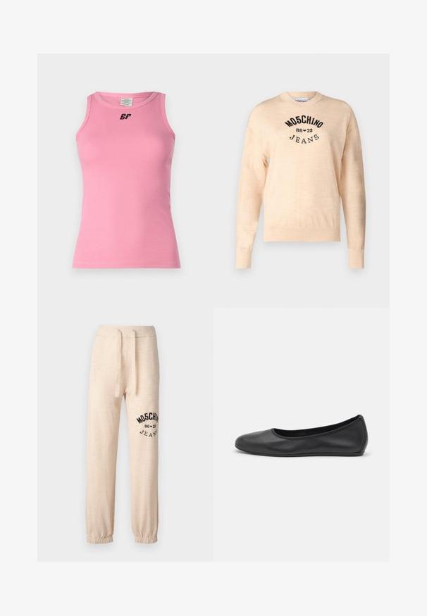 Light beige sweater made of a soft knit, featuring a round neckline, long sleeves, and a black embroidered logo with the text "Moschino Jeans."; Pink ribbed tank top with a round neckline and black logo. Features a fitted design and smooth texture, suitable for casual wear.; Beige sweatpants with elastic cuffs and waistband. Features a black printed logo "MOSCHINO 86 ❤ 23 JEANS" on the left thigh. Soft texture.; Black leather ballet flat with a rounded toe, smooth texture, minimal stitching detail, and a flexible sole design.