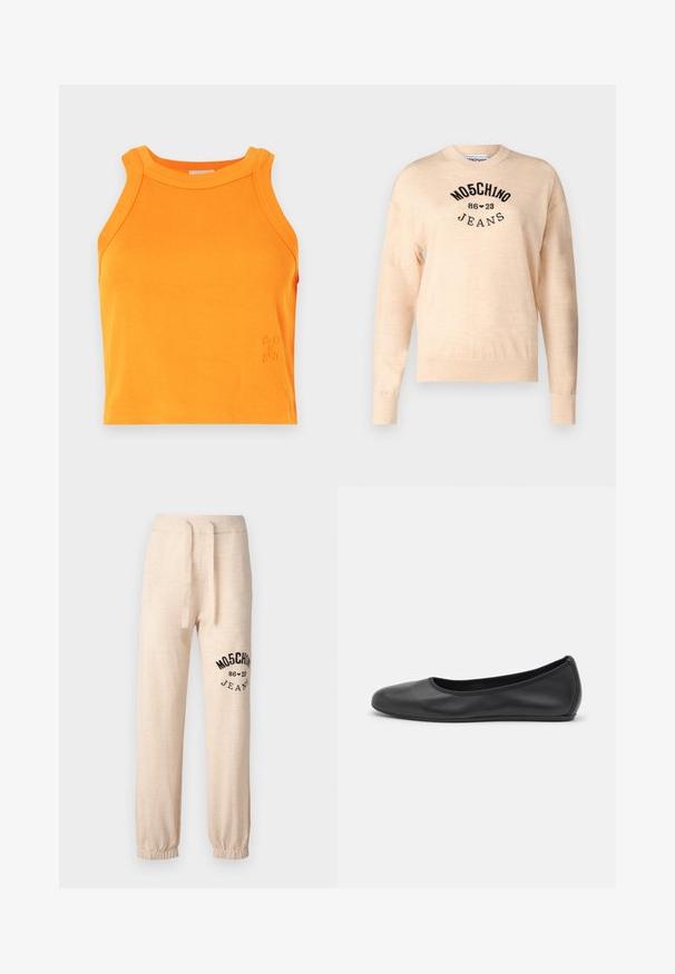 Suéter bege claro feito de um malha suave, com decote redondo, mangas longas e um logótipo bordado em preto com o texto "Moschino Jeans."; Camisola laranja com nervuras, de gola alta e sem mangas. Apresenta detalhes discretos do logo na bainha. Material macio e elástico.; Calças de moletão bege com punhos e cintura elásticos. Apresenta um logótipo impresso a preto "MOSCHINO 86 ❤ 23 JEANS" na coxa esquerda. Textura suave.; Bailarina preta em pele com bico arredondado, textura suave, detalhe de costura minimalista e design de sola flexível.