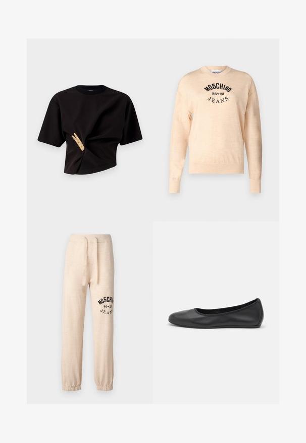 Light beige sweater made of a soft knit, featuring a round neckline, long sleeves, and a black embroidered logo with the text "Moschino Jeans."; Black cropped t-shirt with short sleeves, featuring a twisted design and a decorative yellow clothespin embellishment on the front.; Beige sweatpants with elastic cuffs and waistband. Features a black printed logo "MOSCHINO 86 ❤ 23 JEANS" on the left thigh. Soft texture.; Black leather ballet flat with a rounded toe, smooth texture, minimal stitching detail, and a flexible sole design.