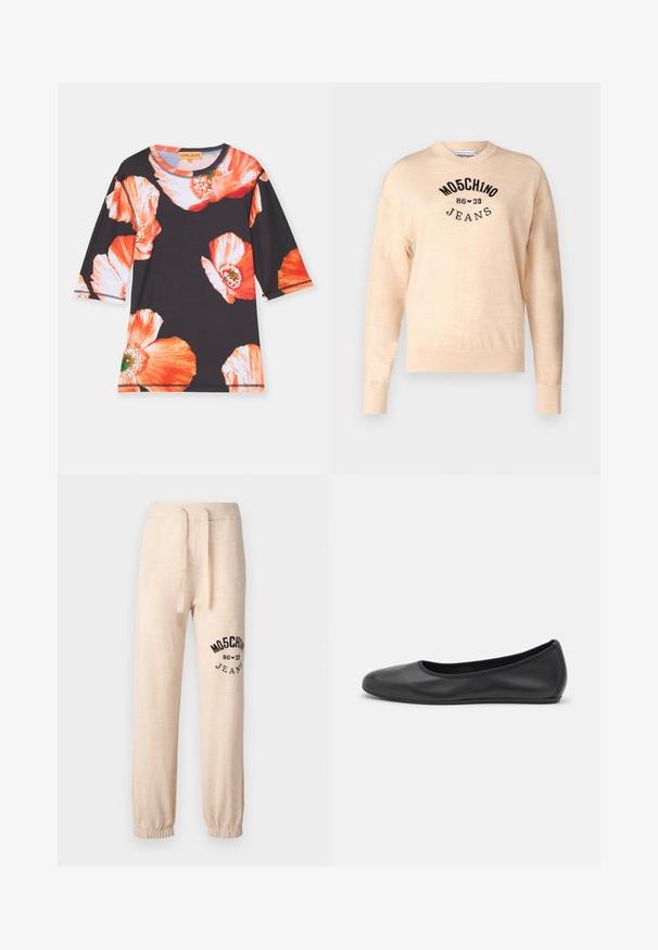 Svijetlosmeđa pulover iz mekog pletiva, s okruglim izrezom, dugim rukavima i crnim vezom s logotipom koji sadrži tekst "Moschino Jeans."; Crna majica s tri četvrtine rukavima, s velikim crvenim i narančastim cvjetnim uzorcima. Mekani materijal s okruglim izrezom i kontrastnim obrubom.; Bež široke trenerke izrađene od mekane tkanine, s elastičnim pojasom na vezanje i crnim logotipom/dizajnom na lijevoj nozi.; Crne kožne baletanke s zaobljenim vrhom, glatke teksture, minimalnim detaljima šavova i fleksibilnim dizajnom potplata.