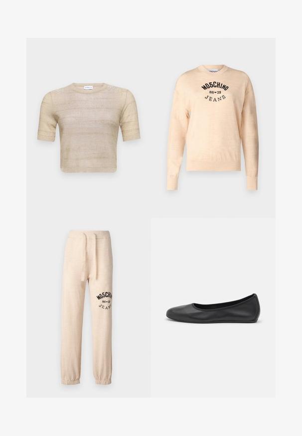 Lys beige sweater lavet af en blød strik, med rund halsudskæring, lange ærmer, og et sort broderet logo med teksten "Moschino Jeans."; Kortærmet, cropped sweater i lys beige med metallisk glimmer. Glat tekstur med vandrette striber og en rund halsudskæring.; Beige sweatpants med elastiske manchetter og talje. Har et sort trykt logo "MOSCHINO 86 ❤ 23 JEANS" på venstre lår. Blød tekstur.; Sort læderballetsko med rund tå, glat tekstur, minimal syning og et fleksibelt såldesign.