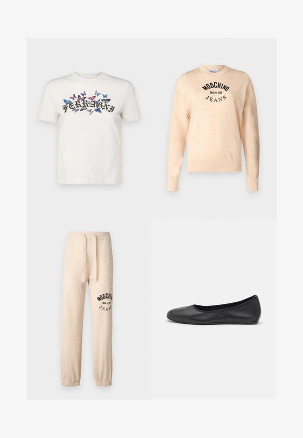 Light beige sweater made of a soft knit, featuring a round neckline, long sleeves, and a black embroidered logo with the text "Moschino Jeans."; White cotton t-shirt with short sleeves featuring a black printed "FERRAGNI" logo surrounded by colorful butterfly designs.; Beige relaxed-fit sweatpants made of soft fabric, featuring an elastic waistband with a drawstring and black logo/design on the left leg.; Black leather ballet flat with a rounded toe, smooth texture, minimal stitching detail, and a flexible sole design.