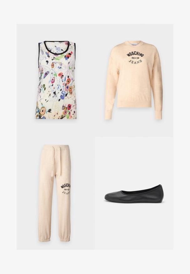 Pull léger beige en tricot doux, avec un col rond, des manches longues et un logo noir brodé avec le texte "Moschino Jeans."; Top sans manches à imprimé floral crème, présentant des couleurs vives, un liseré noir et une texture douce. Le design inclut des motifs floraux variés et des motifs abstraits.; Pantalons de survêtement beige avec des poignets et une taille élastiques. Dotés d'un logo imprimé noir "MOSCHINO 86 ❤ 23 JEANS" sur la cuisse gauche. Texture douce.; Ballerines en cuir noir avec un bout rond, texture lisse, détails de couture minimalistes et design de semelle flexible.