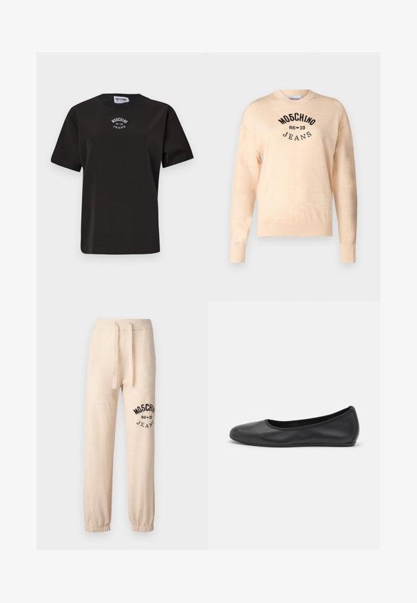 Suéter bege claro feito de um malha suave, com decote redondo, mangas longas e um logótipo bordado em preto com o texto "Moschino Jeans."; T-shirt preta de algodão com mangas curtas, apresentando um decote redondo e um logótipo bordado em branco "Moschino Jeans" no peito.; Calças de fato de treino bege de corte descontraído, feitas de tecido macio, com cintura elástica ajustável com cordão e logótipo/desenho preto na perna esquerda.; Bailarina preta em pele com bico arredondado, textura suave, detalhe de costura minimalista e design de sola flexível.