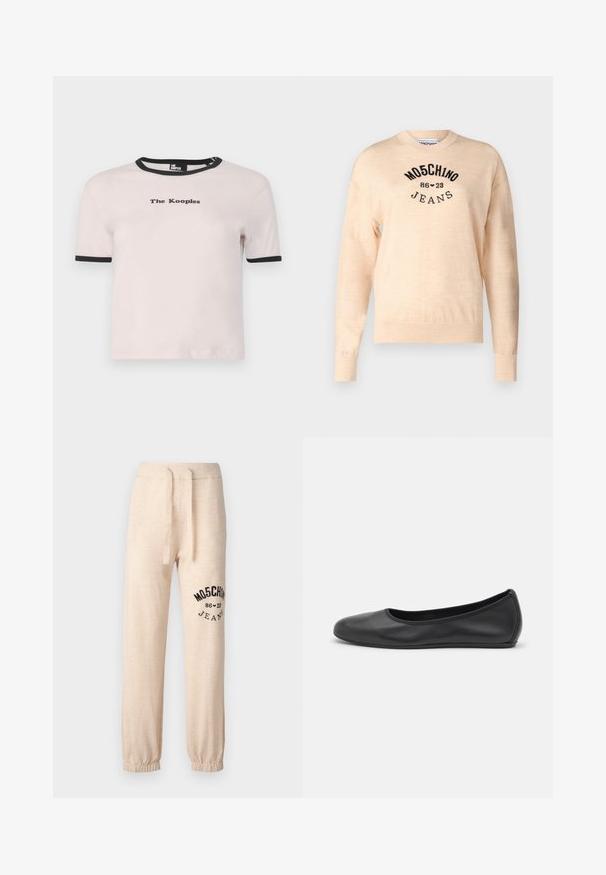 Svetlo bež pulover iz mehkega pletenega materiala, z okroglo izrezom, dolgimi rokavi in črnim vezenim logom z besedilom "Moschino Jeans."; Svetlo roza majica s kratkimi rokavi z črnim rebrastim ovratnikom. Značka "The Kooples" v črni barvi, centrirana spredaj. Mehka bombažna tkanina.; Bež trenirka sproščenega kroja, izdelana iz mehke tkanine, z elastičnim pasom z vrvico za zavezovanje in črnim logotipom/obliko na levi nogi.; Črne usnjene balerinke z zaobljenim nosom, gladko teksturo, minimalnimi šivi in fleksibilno zasnovo podplata.