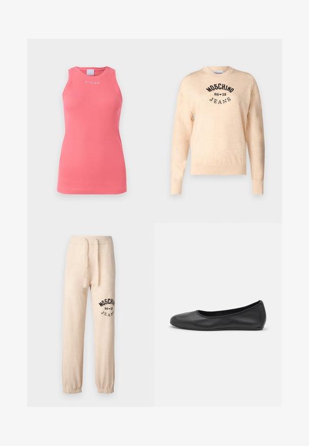 Vaaleanbeige neulepaita, joka on valmistettu pehmeästä kudoksesta. Siinä on pyöreä kaula-aukko, pitkät hihat ja musta brodeerattu logo, jossa on teksti "Moschino Jeans."; Hihaton vaaleanpunainen ribbipuristustoppi, jossa on pyöreä kaula-aukko. Rintapielessä on pieni valkoinen "PINKO"-logo.; Beige-coloured sweatsit, jossa on joustavat lahkeet ja vyötärö. Vasemmassa reidessä on mustalla painettuna logo "MOSCHINO 86 ❤ 23 JEANS". Pehmeä pinta.; Musta nahkainen ballerina, jossa on pyöristetty kärki, sileä pinta, minimaalinen ommelkoristelu ja joustava pohjamuotoilu.