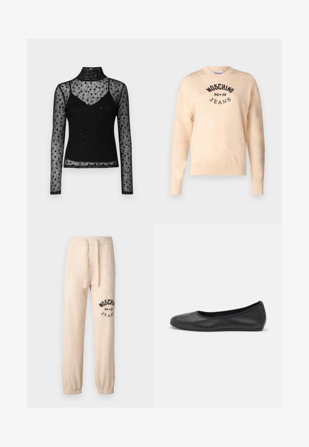 Lichtbeige trui van een zachte breisel, met een ronde hals, lange mouwen en een zwart geborduurd logo met de tekst "Moschino Jeans."; Zwarte lange mouwen top met een doorschijnend bloemenkant ontwerp, een hoge nek en een aansluitende onderlaag. Gelaagd met geborduurde details.; Beige sweatpants met elastische boorden en tailleband. Heeft een zwart gedrukt logo "MOSCHINO 86 ❤ 23 JEANS" op de linkerdij. Zachte textuur.; Zwarte leren ballerina met een ronde neus, gladde textuur, minimale stikdetails en een flexibele zoolontwerp.