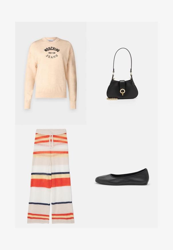 Světle béžový svetr vyrobený z měkkého pleteného materiálu, s kulatým výstřihem, dlouhými rukávy a černě vyšívaným logem s textem "Moschino Jeans."; Krajkové kalhoty s širokým nohavicemi, které mají vodorovné pruhy v červené, oranžové, žluté, bílé a námořnické modré barvě. Elastický pas s detaily šňůrky.; Černé kožené baletní byty s kulatou špičkou, hladkou texturou, minimálními švy a flexibilním designem podrážky.; sandro JANET - Kabelka - noir