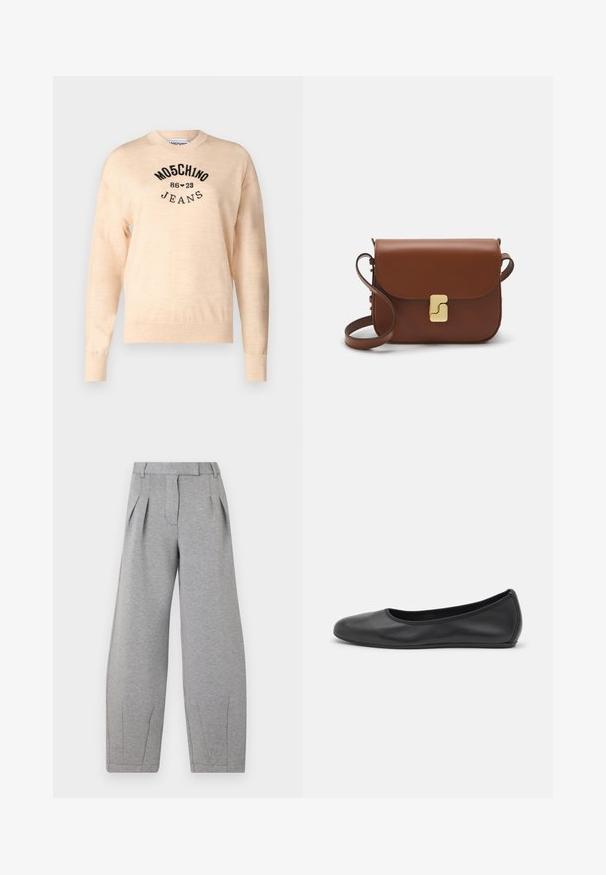 Jasno beżowy sweter z miękkiego dzianiny, z okrągłym dekoltem, długimi rękawami i czarnym haftowanym logo z napisem "Moschino Jeans."; Szare, szerokie spodnie wykonane z miękkiego materiału, z plisami z przodu, płaskim pasem w talii i prostymi szwami wzdłuż nóg.; Czarne skórzane baletki z zaokrąglonym noskiem, gładką fakturą, minimalnymi przeszyciami i elastycznym designem podeszwy.; Brązowa skórzana torebka na ramię z klapką, złotymi detalami, paskiem na ramię i gładką teksturą. Kompaktowy prostokątny kształt.