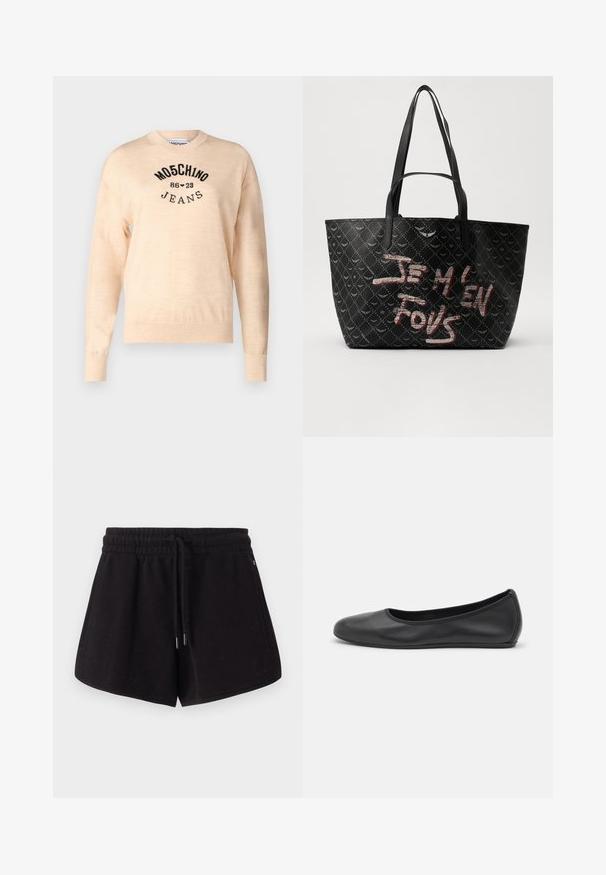 Pull léger beige en tricot doux, avec un col rond, des manches longues et un logo noir brodé avec le texte "Moschino Jeans."; Shorts de sport noirs en tissu doux. Dotés d'une taille élastique avec cordon de serrage, de poches latérales et d'une coupe décontractée.; Ballerines en cuir noir avec un bout rond, texture lisse, détails de couture minimalistes et design de semelle flexible.; Sac fourre-tout noir en matériau texturé arborant un motif en losanges, avec des bretelles et un texte rouge et blanc audacieux inscrivant "JE M'EN FOUS."