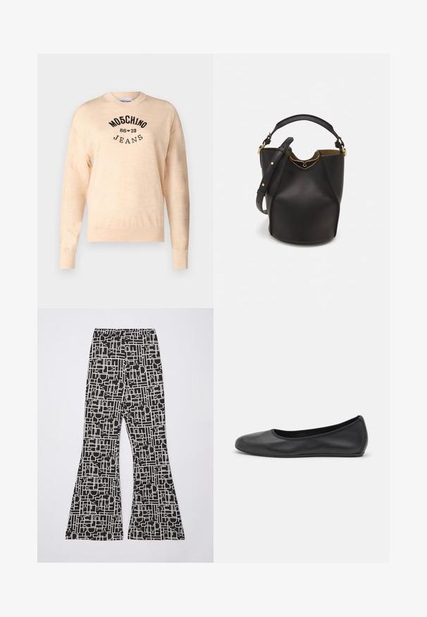 Light beige sweater made of a soft knit, featuring a round neckline, long sleeves, and a black embroidered logo with the text "Moschino Jeans."; Diane von Furstenberg BROOKLYN PANTS - Trousers - black; Black leather ballet flat with a rounded toe, smooth texture, minimal stitching detail, and a flexible sole design.; Black leather bucket bag with a textured finish, gold hardware accents, and an open top. Features a short handle and adjustable shoulder strap.