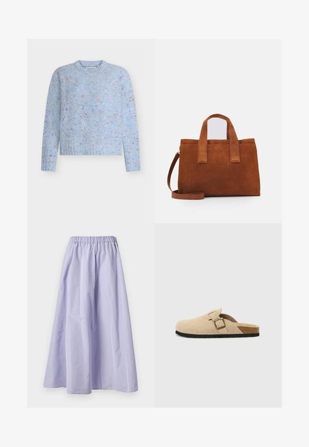 Svetlomodra pulover z reliefnim vzorcem, z večbarvnimi pikami po vsej površini. Okrogli izrez in dolgi rokavi.; Svetlo-lavanda široka krila iz lahkega blaga, z elastikim pasom, gladko teksturo in tekočo silhueto.; Bež sueded klompe na potplat s koricom, zaobljenim vrhom i jednostavnom trakom s zlatnim kopčom. Gumeni potplat za prianjanje.; Rjava semiš torbica z dvema zgornjima ročajema in nastavljivim ramenskim trakom. Ima strukturirano obliko in minimalističen dizajn.