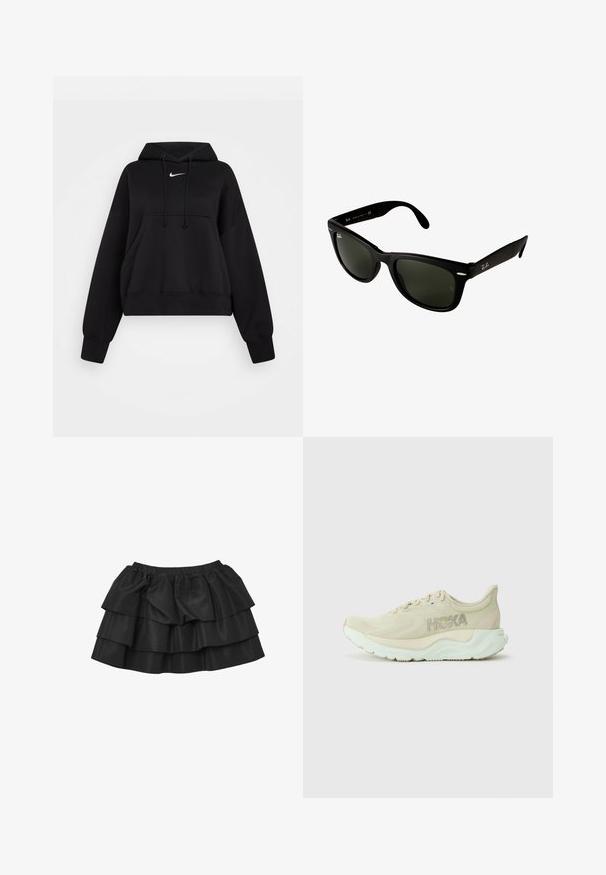 Schwarze, kurze Kapuzenjacke aus weichem Stoff, mit einer Kordelzugkapuze, einer vorderen Kängurutasche und einem kleinen weißen Nike-Logo auf der Brust.; Schwarz geschichteter Rock mit drei Lagen, aus glattem Satinmaterial, mit einem elastischen Bund für einen bequemen Sitz.; Hellbeige Laufschuh mit einem texturierten Mesh-Obermaterial, gepolstertem Zwischensohleneinsatz und mintgrünem Außensohle. Mit Hoka-Branding an der Seite.; Schwarze Kunststoffsonnenbrille mit dunkelgrünen Gläsern. Das quadratische Rahmendesign verfügt über silberne Akzente und ein geprägtes Logo an den Bügeln.; Denim-Shopper mit doppelten Griffen und einem abnehmbaren navy Schulterriemen. Mit "Coach New York" in navy Schriftzug und einem Lederanhänger.