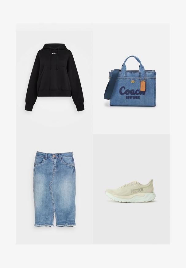 Črna skrajšana kapuca iz mehke tkanine, z vrvico za urejanje kapuce, sprednjim kenguru žepom in majhnim belim Nike logotipom na prsih.; Jeans krilo v svetlo modri barvi, do kolen z ravnim krojem. Ima raztrgan rob in klasičen dizajn s petimi žepi. Zapiranje na gumb in zadrgo.; Svetlo bež tekaška obutev z teksturiranim mrežastim zgornjim delom, oblazinjenim podplatom in mint zelenim podplatom. Na strani ima Hoka oznako.; Denim torba z dvojimi ročaji in snemljivim mornarsko modrim naramnim trakom. Ima napis "Coach New York" v mornarsko modri barvi in usnjeni etiket.
