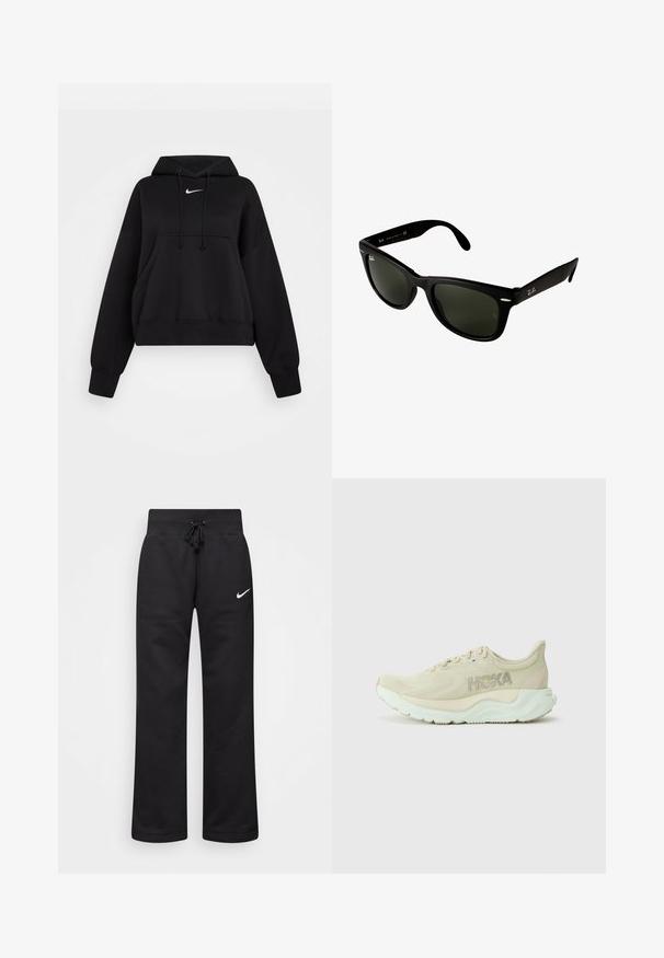 Czarna skrócona bluza z kapturem wykonana z miękkiego materiału, z regulowanym kapturem, przednią kieszenią typu kangur i małym białym logo Nike na piersi.; Czarne dresy wykonane z mieszanki bawełny, z elastycznym pasem ze sznurkiem, prostymi nogawkami i białym logo Nike po lewej stronie.; Jasno beżowe buty biegowe z teksturowaną siateczką na górze, amortyzowaną podeszwą środkową i miętowym spodem. Posiadają branding Hoka z boku.; Czarne plastikowe okulary przeciwsłoneczne z ciemnozielonymi soczewkami. Kwadratowy kształt oprawek z metalicznymi akcentami i wytłoczonym logo na zauszniku.; Torba tote z denimu z podwójnymi uchwytami oraz odczepianym granatowym paskiem na ramię. Posiada napis "Coach New York" w granatowym kolorze oraz skórzaną metkę.