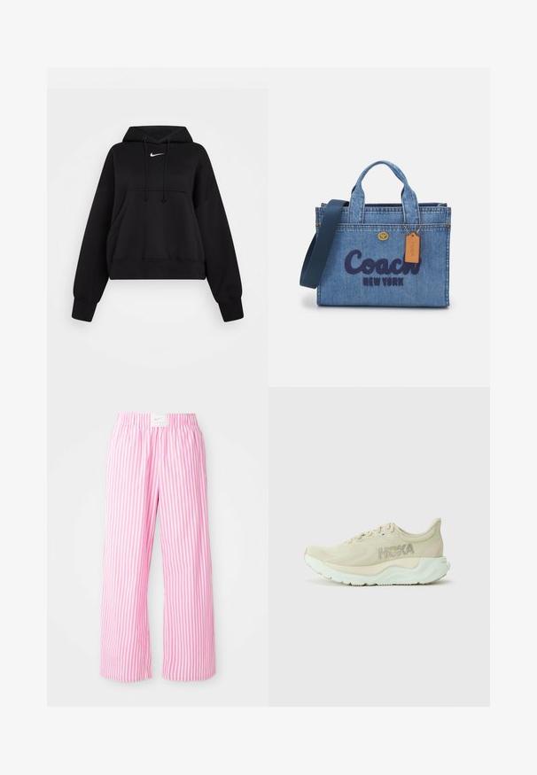 Must have must-haves: pehmeast kangast must lühike kapuutsiga pusa, millel on reguleeritav kapuuts, esine tasku ja väike valge Nike logo rinnal.; Roosa ja valge triibuline pükskostüüm elastse vöökohtaga. Valmistatud kergest materjalist, omab lõdva, laia jala disaini.; Heled beez jooksmise jalanõud tekstuurse nailonist pealsega, pehme vaheosa ja mündiroheline tallaga. Külgedel on Hoka bränding.; Denimist kott kahekordsete käepidemetega ja eemaldatava mereväe sinise õlarihmaga. Esitleb "Coach New York" mereväe sinise kirja ja nahast sildi all.