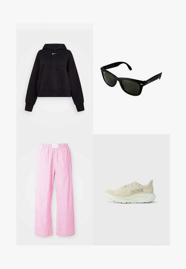 Fekete rövidített kapucnis pulóver puha anyagból, húzózsinórral, elülső kenguru zsebbel és egy kis fehér Nike logóval a mell részen.; Rózsaszín és fehér csíkos nadrág, rugalmas derékkal. Könnyű anyagból készült, laza, széles lábú fazonnal.; Világos bézs színű futócipő, texturált hálós felsőrészsel, párnázott középtalppal és mentazöld talppal. Az oldalon Hoka márkajelzés látható.; Fekete műanyag napszemüveg sötétzöld lencsékkel. A négyzet alakú keret dizájnja ezüst kiegészítőkkel és a szár végén lévő dombornyomott logóval rendelkezik.; Farmer nagy táska dupla fogantyúval és levehető sötétkék vállpánttal. Jellemzője a "Coach New York" felirat sötétkék betűkkel és egy bőr címke.