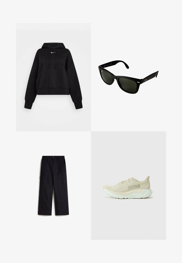 Czarna skrócona bluza z kapturem wykonana z miękkiego materiału, z regulowanym kapturem, przednią kieszenią typu kangur i małym białym logo Nike na piersi.; Czarne spodnie cargo z elastycznym paskiem w talii, regulowanym paskiem i dwoma bocznymi kieszeniami. Wykonane z lekkiego, strukturalnego materiału.; Jasno beżowe buty biegowe z teksturowaną siateczką na górze, amortyzowaną podeszwą środkową i miętowym spodem. Posiadają branding Hoka z boku.; Czarne plastikowe okulary przeciwsłoneczne z ciemnozielonymi soczewkami. Kwadratowy kształt oprawek z metalicznymi akcentami i wytłoczonym logo na zauszniku.; Torba tote z denimu z podwójnymi uchwytami oraz odczepianym granatowym paskiem na ramię. Posiada napis "Coach New York" w granatowym kolorze oraz skórzaną metkę.
