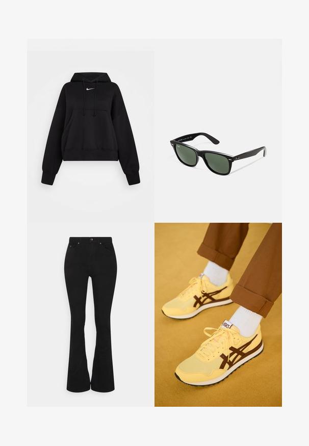 Hoodie nero accorciato realizzato in tessuto morbido, con cappuccio regolabile tramite cordino, tasca a marsupio sul davanti e un piccolo logo Nike bianco sul petto.; Jeans neri a palazzo con vita alta, realizzati in un morbido cotone misto. Presentano tasche frontali, chiusura con bottone metallico e dettagli di cucitura discreti.; Scarpe sportive gialle con accenti marroni, realizzate in materiali in rete e tessuto, con allacciatura frontale e suola in gomma, abbinate a calzini bianchi.; Occhiali da sole in plastica nera con lenti verdi, montatura quadrata, dettaglio argento sulla parte superiore e steli con texture. Marchio indicato sulla parte interna dello stelo.