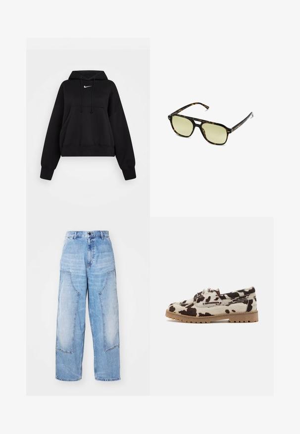 Zwarte cropped hoodie van zachte stof, met een trekkoordcapuchon, een kangaroezak aan de voorkant en een klein wit Nike-logo op de borst.; Lichtblauwe denim wijde broek met twee grote voorzakken, een knoopsluiting en subtiele vervaging. Gestikte accenten op de zakken voor details.; Schoenen met een koeienhuidpatroon, met een crèmekleurige basis en donkere bruine vlekken, uitgevoerd met een rubberen zool en vetersluiting.; Schildpadbril met een rechthoekige vorm, groengetinte lenzen en gepatterde acetaat montuur. Kenmerkt metalen accenten nabij de lenzen.; Schoudertas van crèmekleurige stof met een herhaald MK-logo patroon, bruine leren accenten en een gouden kettingband met een afneembare bruine strap.; Gouden oorringen, dun en rond van vorm, met een gladde metallic afwerking en zonder versieringen of patronen.