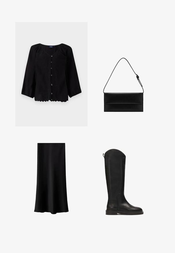 Pullover in maglia cable-beige chiaro con colletto rotondo bianco, pattina con tre bottoni, e polsini e orlo a coste. Texture morbida, vestibilità rilassata.; Blusa nera con bottoni, maniche a tre quarti, scollo a V, tessuto strutturato e ricami floreali sul davanti. Dettaglio ondulato sul fondo.; Gonna midi nera realizzata in tessuto liscio e leggero. Presenta una linea dritta, senza componenti visibili e un design semplice senza fantasie.; Stivale in pelle nera al ginocchio con finitura liscia, punta arrotondata, suola robusta e design minimalista. Presenta una linguetta sul retro per un facile indossamento.; Mango Borsa a mano - black