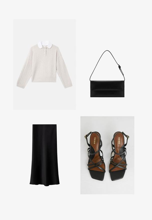 Světle béžový svetr s pleteným vzorem, bílým, kulatým límcem, knoflíkovou légou na tři knoflíky a žebrovanými manžetami a lemem. Měkká textura, uvolněný střih.; Černá midi sukně vyrobená z hladkého, lehkého materiálu. Disponuje rovný střihem, bez viditelné kovové části a jednoduchým designem bez vzorů.; Černé sandály na podpatku s několika úzkými pásky, čtveratou špičkou, hnědými stélkami a zlatým detailem s přezkou na pásku kolem kotníku.; Mango Kabelka - black