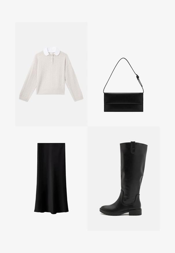 Pulover bej deschis, cu tricotare tip cable, guler rotund alb, încheiere cu trei butoane și manșete și tiv cu nervuri. Textură moale, croială lejeră.; Tricou alb cu mânecă scurtă, dintr-un material de bumbac fin, cu guler rotund și o croială lejeră, având tivuri cusute.; Fustă midi neagră, realizată dintr-un material neted, ușor. Are o croială dreaptă, fără accesorii vizibile și un design simplu, fără modele.; Cizme negre până la genunchi din piele netedă, cu un furtun larg, panouri laterale elastice și o talpă din cauciuc texturată pentru aderență.; Mango Geantă de mână - black