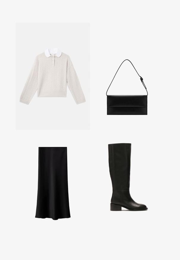 Lichtbeige kabelgebreide sweater met een witte, ronde kraag, een drieknoopsluiting en geribde manchet- en onderrand. Zachte textuur, relaxte pasvorm.; Witte T-shirt met korte mouwen van glad katoen, voorzien van een ronde halslijn en een ontspannen pasvorm met gestikte naden.; Zwarte midi rok gemaakt van soepel, lichtgewicht materiaal. Heeft een rechte snit, geen zichtbare hardware en een eenvoudig ontwerp zonder patronen.; Hoge zwarte leren laars met een ronde neus en een lage vierkante hak. Kenmerkt zich door een soepele textuur en een eenvoudige uitstraling.; Mango Handtas - black