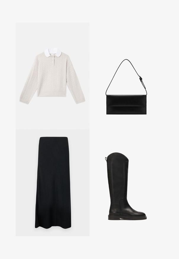 Pulover bej deschis, cu tricotare tip cable, guler rotund alb, încheiere cu trei butoane și manșete și tiv cu nervuri. Textură moale, croială lejeră.; Tricou alb cu mânecă scurtă, dintr-un material de bumbac fin, cu guler rotund și o croială lejeră, având tivuri cusute.; Fustă maxi neagră confecționată dintr-un material neted, cu o siluetă dreaptă și o fante laterală. Fără modele sau detalii suplimentare.; Cizmă înaltă, din piele neagră, cu un finisaj neted, vârf rotund, talpă robustă și un design minimalist. Are o etichetă la spate pentru a facilita îmbrăcarea.; Mango Geantă de mână - black