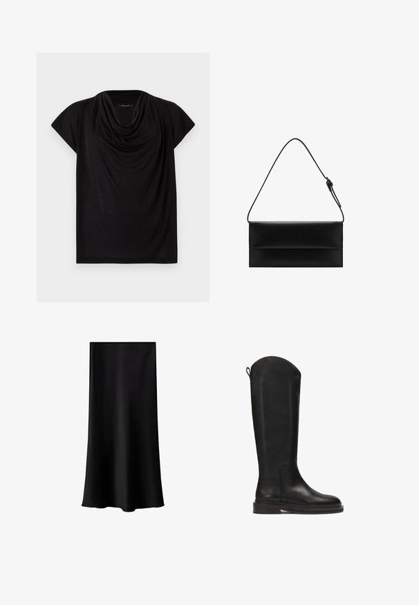 Light beige cable-knit sweater with a white, rounded collar, three-button placket, and ribbed cuffs and hem. Soft texture, relaxed fit.; Black short-sleeve top with a draped cowl neckline. Made of soft, lightweight fabric, featuring a loose fit and smooth texture.; Black midi skirt made of smooth, lightweight fabric. Features a straight cut, no visible hardware, and a simple design without patterns.; Black leather knee-high boot with a smooth finish, rounded top, sturdy sole, and minimalistic design. Features a tab at the back for easy wear.; Mango Handbag - black