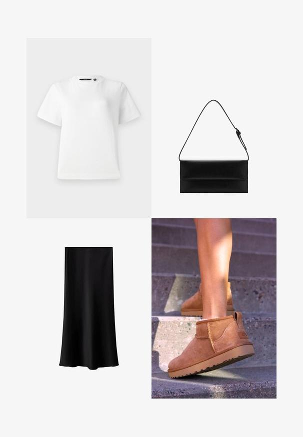 Svijetlosmeđi džemper s pletenicom s bijelim okruglim ovratnikom, plaketom s tri gumba te rebrastim manžetama i rubovima. Mekana tekstura, opušteni kroj.; Bijela kratka majica s kratkim rukavima od glatkog pamučnog materijala, s okruglim izrezom i opuštenim krojem s šivenim rubovima.; Crna midi suknja napravljena od glatkog, laganog materijala. Ima ravni kroj, bez vidljivih metalnih dijelova i jednostavan dizajn bez uzoraka.; Smešane čizme od tan velura s mekim tekstilom, sa šavnim detaljima i gumenim đonom, te petom s petljom za lako obuvanje.; Mango Ručna torba - black