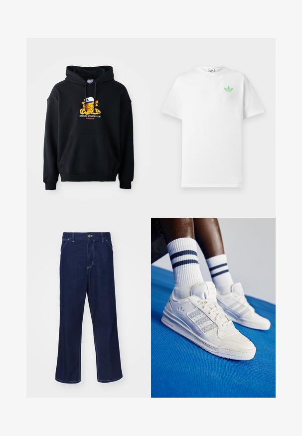 Melnā kapucēta sporta jakā no kokvilnas, ar krāsainu attēlu, kurā redzams varonis ar cepuri. Iekļauj priekšējo kangaruu kabatu un ribotas aproces.; Balts kokvilnas T-krekls ar īsām piedurknēm, kuram ir neliels zaļš Adidas logo kreisajā krūtīs. Vienkāršs, klasiskas dizaina ar noapaļotu dekoltē.; Tumši zili džinsi ar taisna kāju dizainu, ar gaišiem šuvju elementiem un priekšējo pogu aizdari. Gluda tekstūra.; Baltas ādas sneakeri ar perforētiem akcentiem, trim metāliskiem svītrām un strukturētu sānu paneļu. Valkāti ar baltiem zeķēm, uz kurām ir zilas svītras.