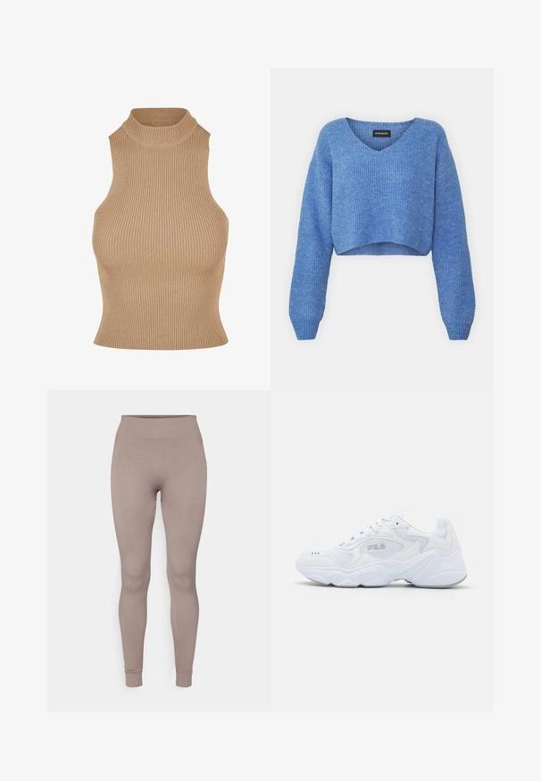 Modra skrajšana jopica z V-izrezom, rebrasto teksturo in dolgimi rokavi. Narejena iz mehkega materiala. Oznaka: even&odd.; Ribana pletena brezrokavna majica v bež barvi, z visokim ovratnikom in prilegajočim krojem, ki poudarja teksturo in ozko silhueto.; Rebraste nogavice v mehki taupe barvi, z visokim pasom, ožjim krojem in zoženimi gležnji. Narejene so iz teksturirane, raztegljive tkanine.; Bela športna obuvala z teksturirano mrežasto zgornjico, oblazinjeno obrobo in debelim podplatom. Ima logotip ob strani in vezalni sistem.