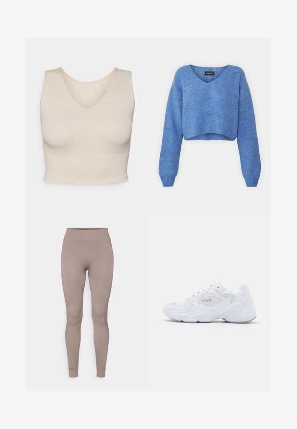 Blauer, verkürzter Pullover mit V-Ausschnitt, gerippter Struktur und langen Ärmeln. Aus weichem Material gefertigt. Etikett: even&odd.; Helles beige, geripptes Trägertop mit V-Ausschnitt, figurbetonter Passform, breiten Trägern und nahtlichem Saum, aus einem weichen, dehnbaren Stoff gefertigt.; Gestreifte Leggings in einem sanften Taupe-Farbton, mit hohem Bund, schmaler Passform und tapered Beinen. Hergestellt aus einem strukturierten, dehnbarem Stoff.; Weißer Sportschuh mit einem strukturierten Mesh-Obermaterial, gepolstertem Schaft und klobiger Sohle. Verfügt über ein Logo an der Seite und eine Schnürung.