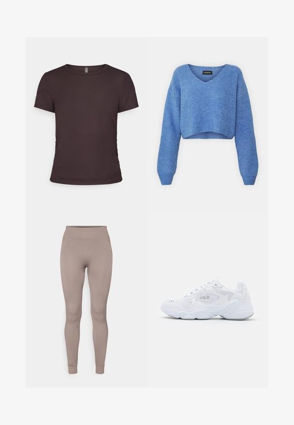 Blue cropped sweater with a V-neck, ribbed texture, and long sleeves. Made of soft material. Label: even&odd.; Short-sleeve brown t-shirt made of ribbed fabric with a round neckline and fitted design, featuring subtle side gathering details.; Ribbed leggings in a soft taupe color, featuring a high waistband, slim fit, and tapered ankles. Made from a textured, stretchable fabric.; White athletic shoe with a textured mesh upper, padded collar, and chunky sole. Features a logo on the side and lace-up closure.