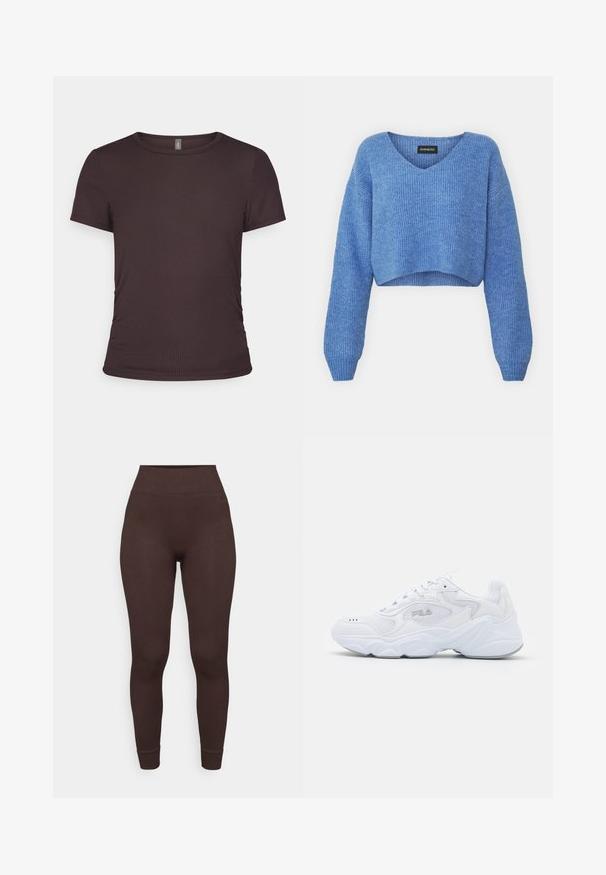 Blue cropped sweater with a V-neck, ribbed texture, and long sleeves. Made of soft material. Label: even&odd.; Short-sleeve brown t-shirt made of ribbed fabric with a round neckline and fitted design, featuring subtle side gathering details.; Brown ribbed leggings with a high waist and fitted design. The fabric appears soft with a smooth texture at the hem and ankle cuffs.; White athletic shoe with a textured mesh upper, padded collar, and chunky sole. Features a logo on the side and lace-up closure.