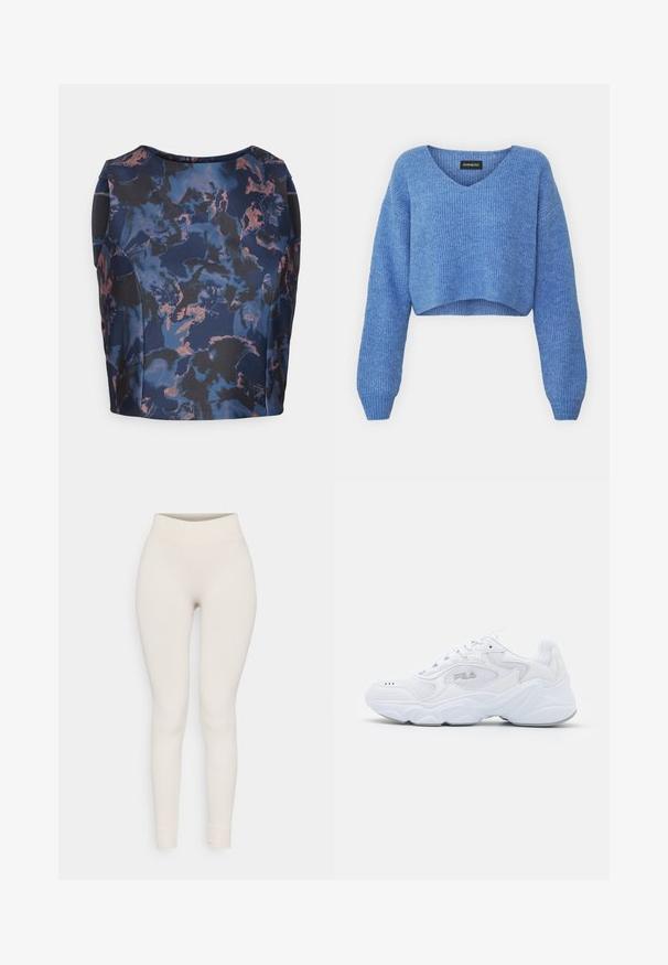 Μπλε κοντό πουλόβερ με V-λαιμόκοψη, ριμπ ύφανση και μακριά μανίκια. Κατασκευασμένο από απαλό υλικό. Ετικέτα: even&odd.; Ναυτικό και μαύρο τοπ με λουλουδάτο σχέδιο σε αποχρώσεις του μπλε και του ροδάκινου, με στρογγυλή λαιμόκοψη και δομημένο σχέδιο.; Ριμπ leggings σε μπεζ απόχρωση, με ψηλή μέση και εφαρμοστή γραμμή. Λείος υφασμάτινος σχεδιασμός με στενά πόδια και τελειώματα με κουμπώματα.; Λευκό αθλητικό παπούτσι με υφασμάτινη πλέξη στην πάνω πλευρά, μαλακή κολόνα και χοντρή σόλα. Διαθέτει λογότυπο στο πλάι και κλείσιμο με κορδόνια.